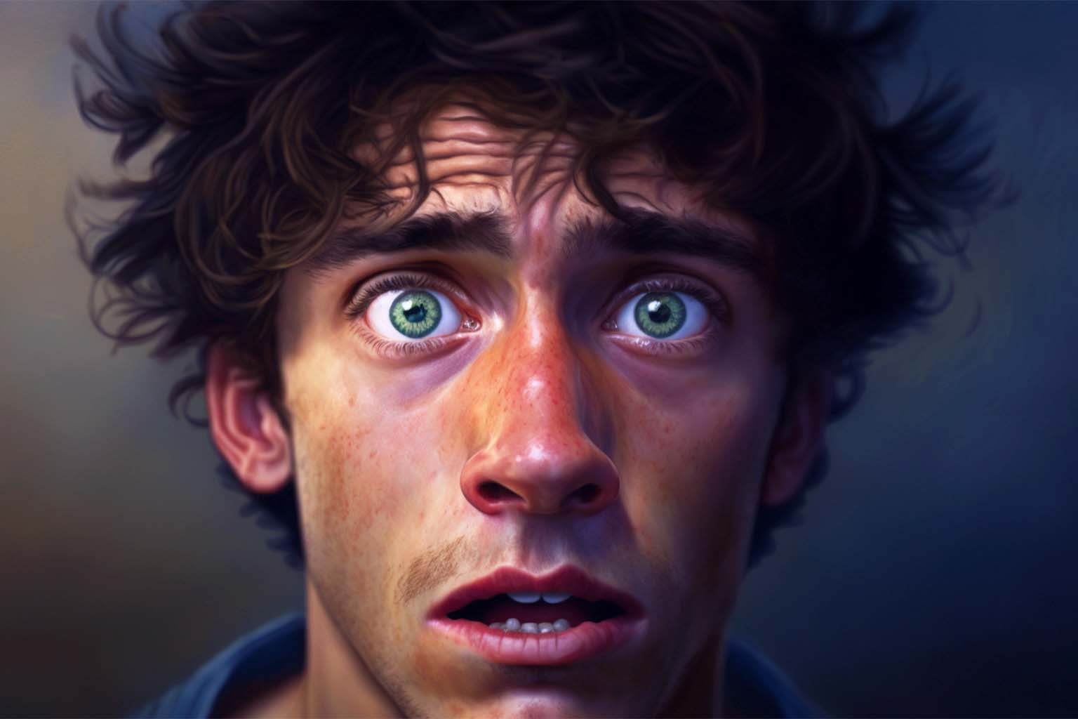 Young man with nervous expression, gaming anxiety, performance anxiety