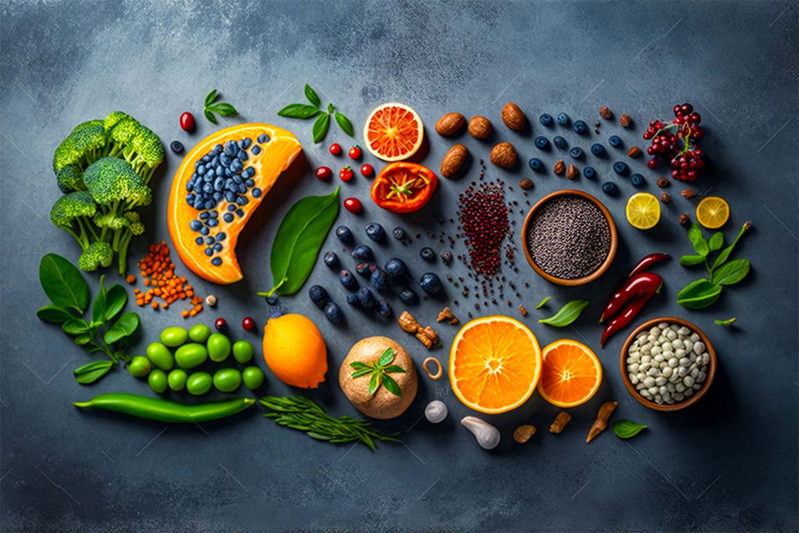 Healthy clean food selection- fruits, vegetables, seeds, superfoods, grains, legumes and leafy greens