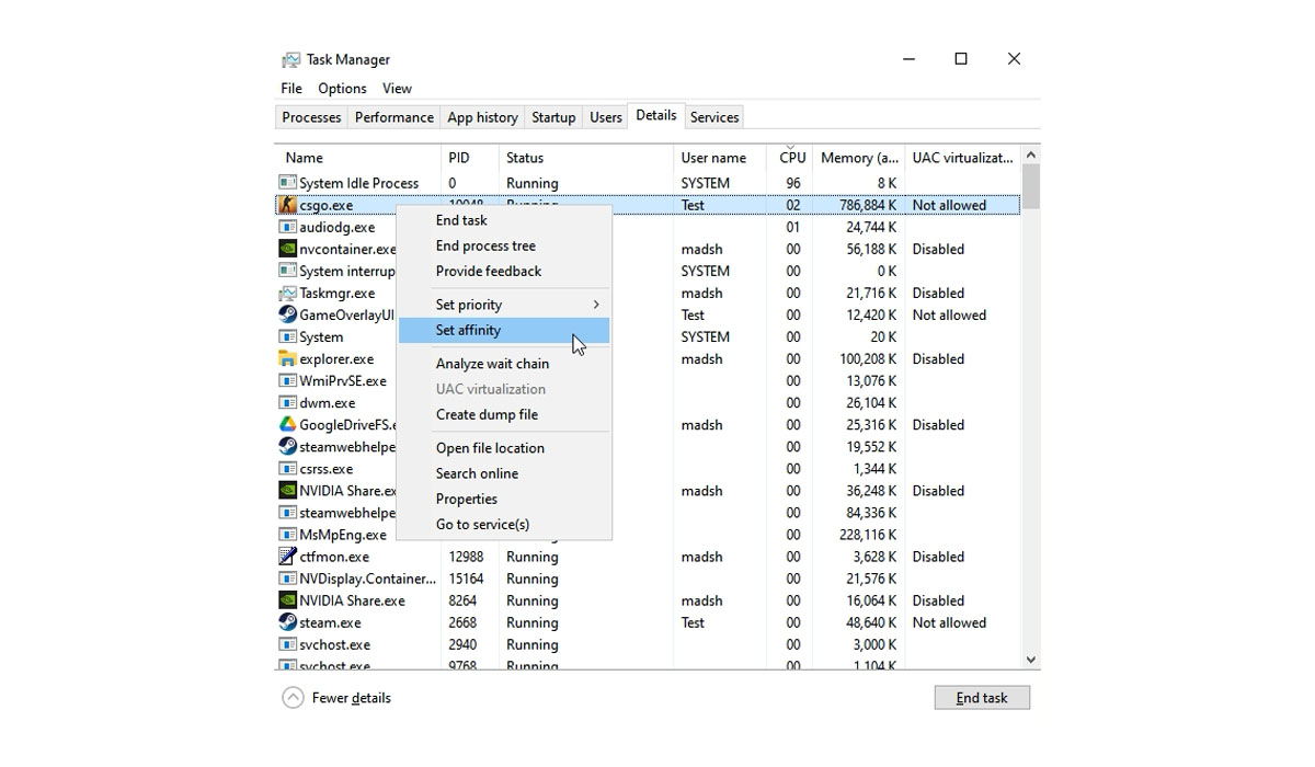 Set affinity for CPU settings, improve fps in video games