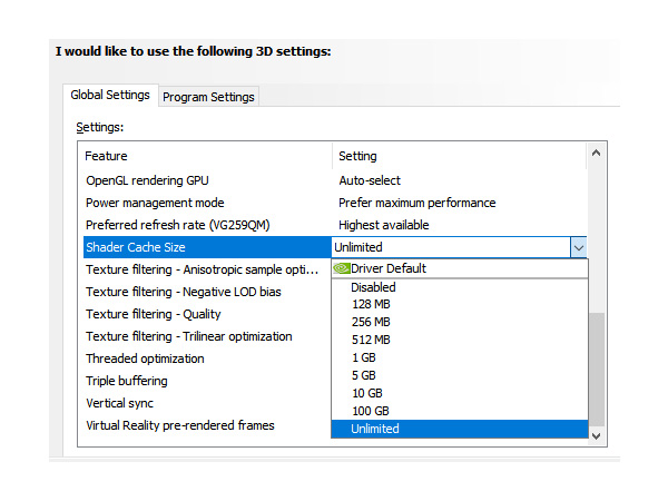 Shader Cache Size nvidia settings for better fps
